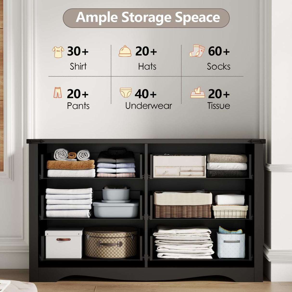 Loomie Farmhouse 6 Drawers Double Dresser for Bedroom, Modern White Dresser Chest of Drawers, Wide Dressers Organizer, Accent Storage Cabinet for Closet, Living Room, Hallway, Black Loomie