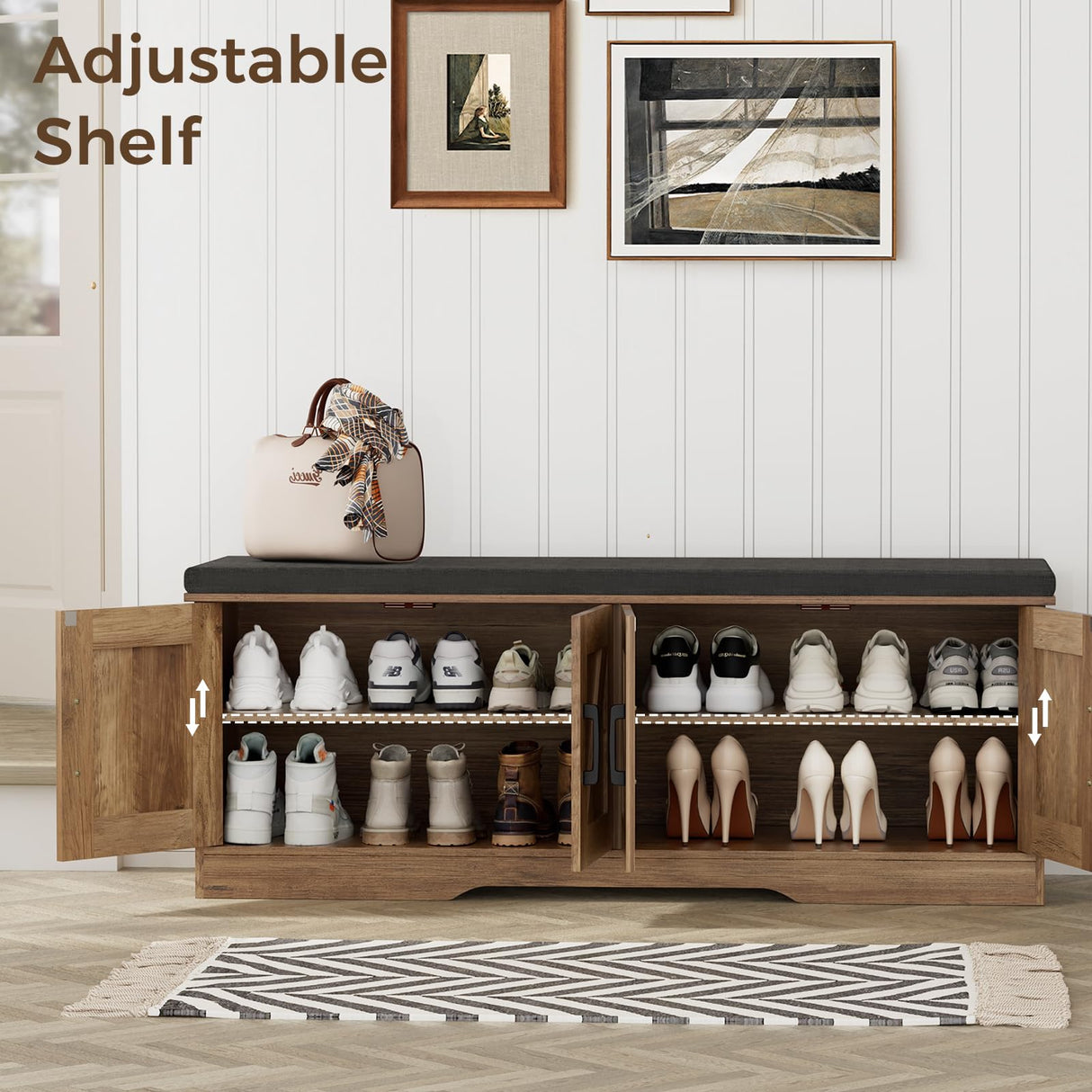 HOMSHO 2-Tier Storage Bench, Shoe Bench with Padded Seat Cushion, Entryway Bench with 4 Barn Doors, Adjustable Shelf, 13.8" D x 47.2" W x 17.7" H, for Entryway, Living Room, Bedroom, Rustic Walnut HOMSHO