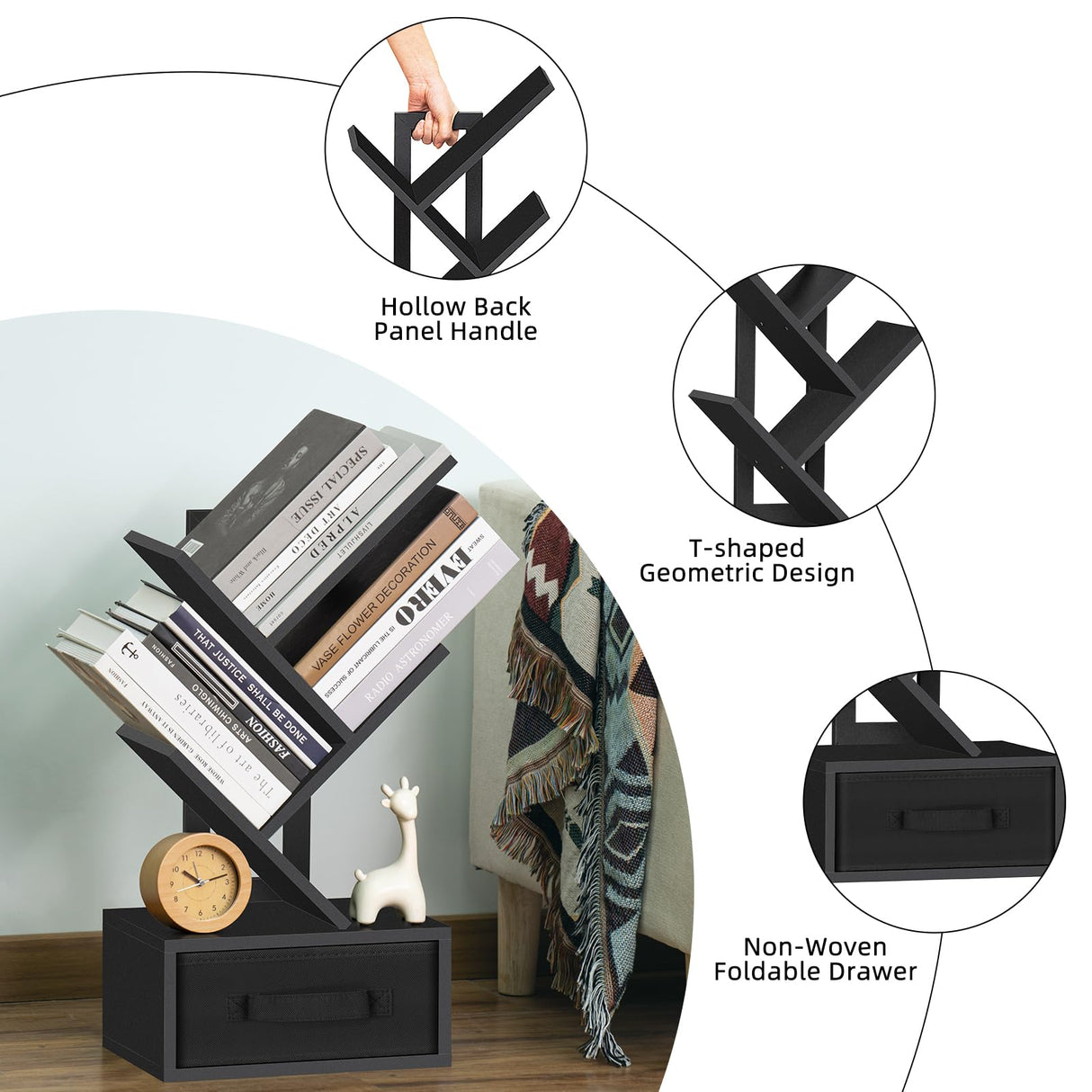 SHEEPAM 4-Tier Classic Black Tree Bookshelf with Drawer – Modern Wooden Desktop Bookcase for Organising Books and Collectibles SHEEPAM