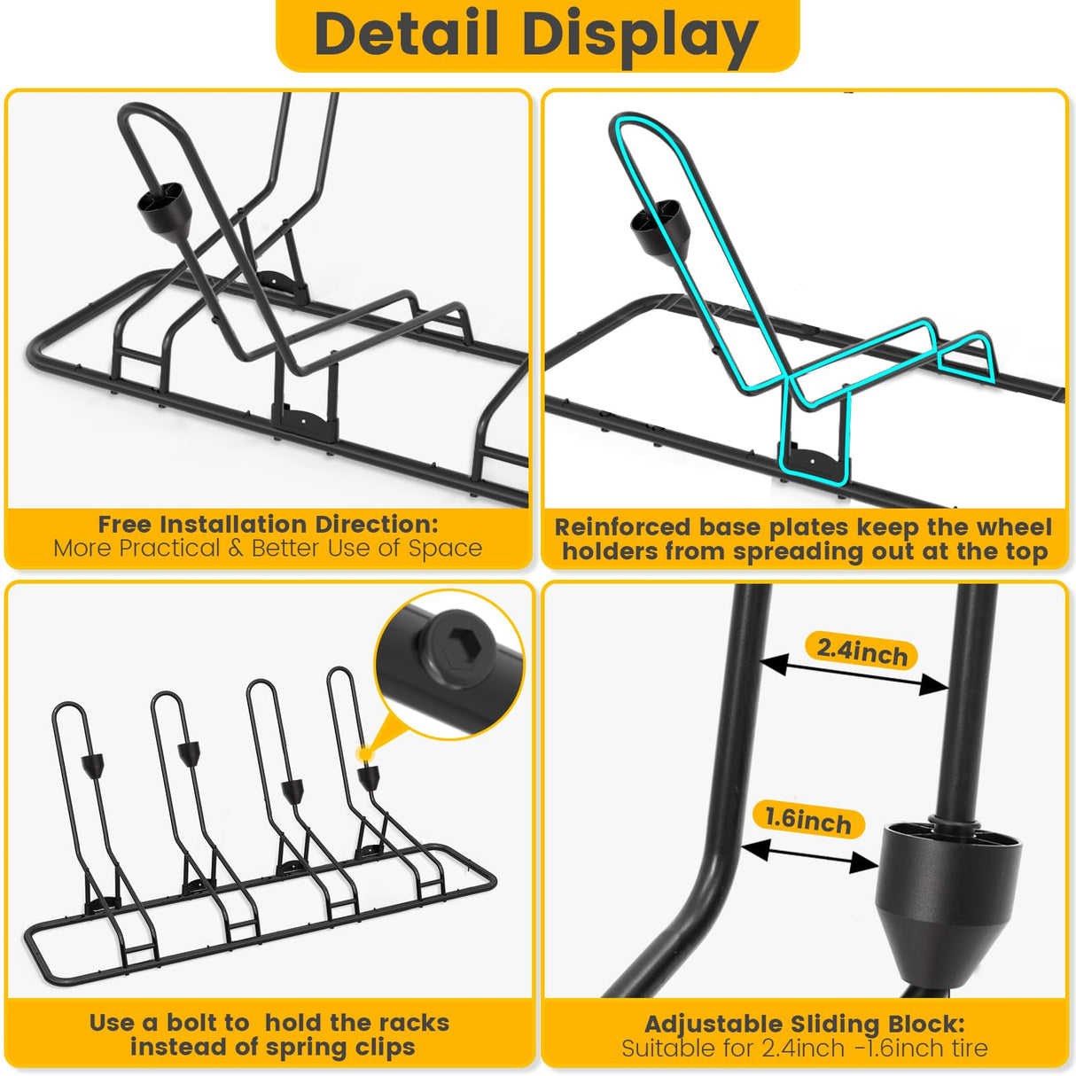 4 Floor Bike Rack, Safeguard Disc Brakes & Derailleurs Design, Waterproof Bicycle Stand Indoor/Outdoor/Garage Use, Fits 12"-29" Tires, Upgraded 0.63" Steel Tubes for Stability Kingarage