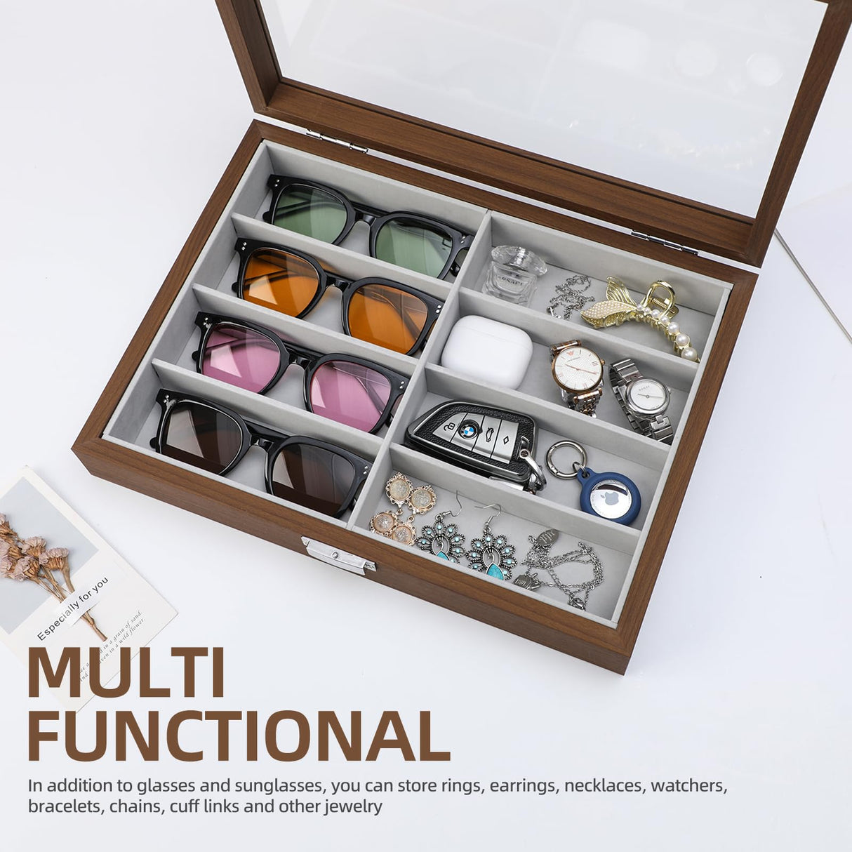 BAOJULONG Wooden Sunglasses Organizer Box, Eyewear Display Eyeglass Case for Men Women, Glasses Storage Box Sunglass Holder Gifts (8 Slots) BAOJULONG