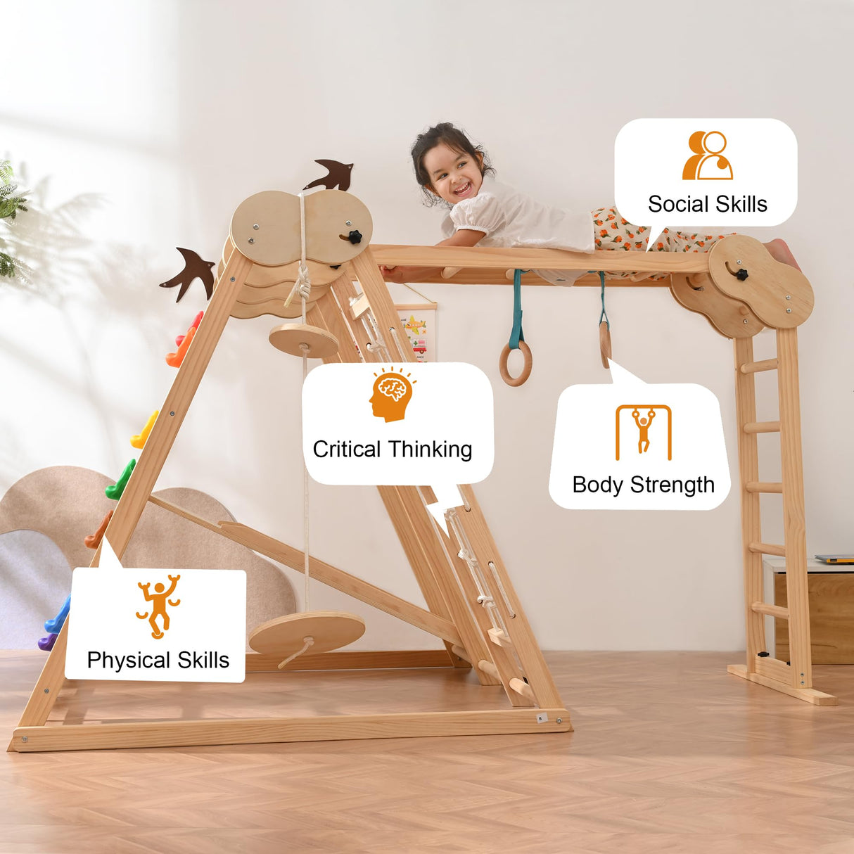 OLLIKIVI Indoor Playground Jungle Gym, Toddler Climbing Toys for Kids 1-6 Years, Indoor Toddler Gym Play Set with Slid, Climbing Wall, Ladder, Net, Bars, Swing, Ring OLLIKIVI