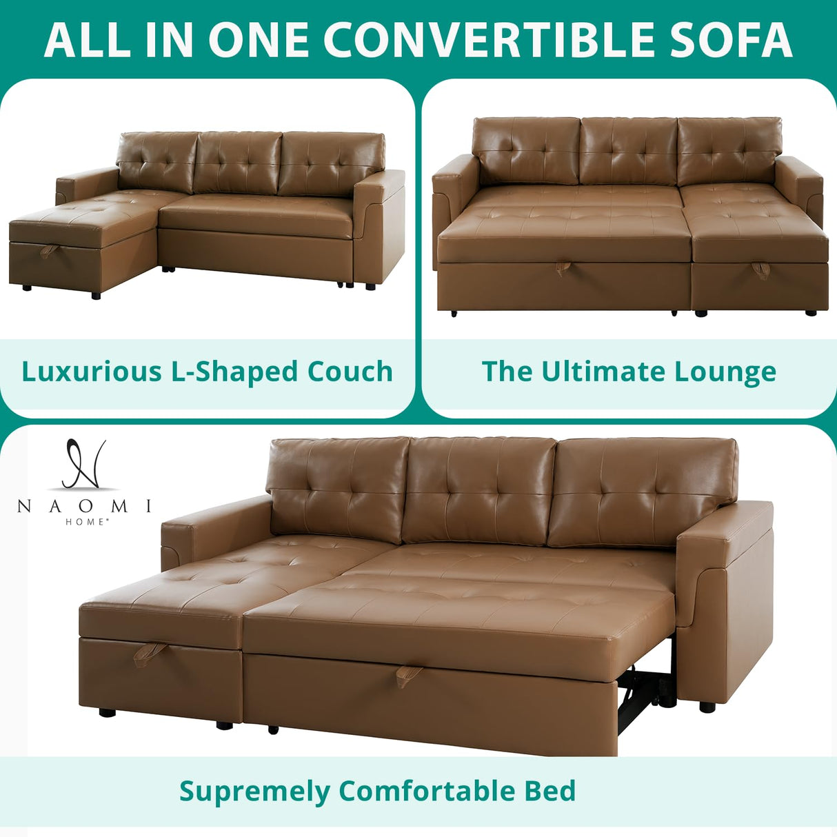 Naomi Home Jenny Sectional Sofa Sleeper with Storage Chaise, Tufted Pull Out Couch with Storage, Sectional Sofa Bed, L-Shaped Reversible Sleeper Sofa with Storage, Mocha,Air Leather Naomi Home