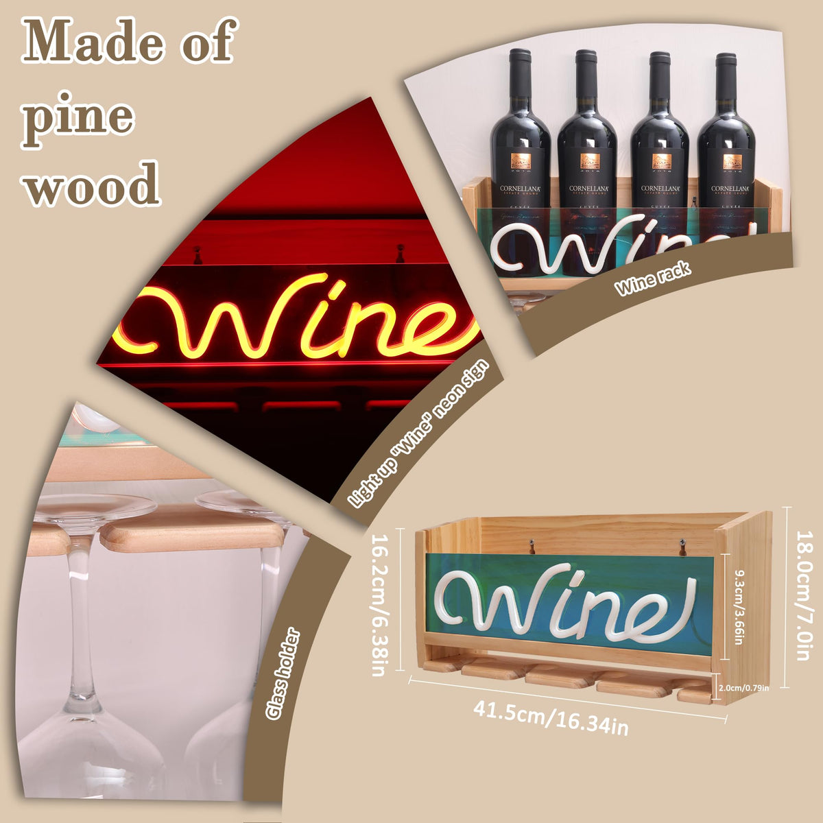CoolGift Mart Light Up Wine Rack with Glass Holder Wall Mount, Wooden Wine Bottle Holder with Wine Neon Sign, Wall Decor, Gift for Wine Lovers Collectors CoolGift Mart
