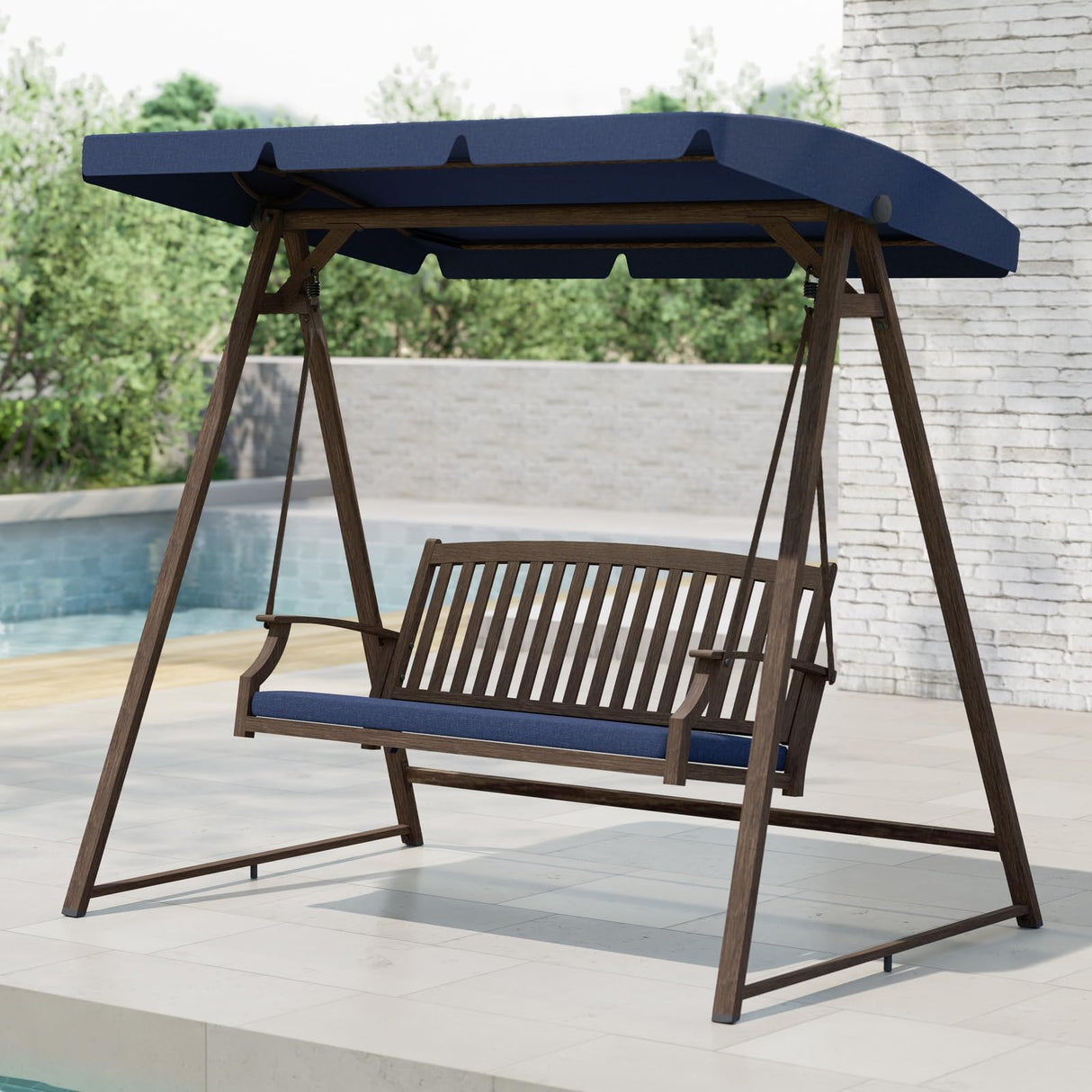 Grand Patio Porch Swing, Outdoor 2-Seat Patio Swing Chair, Adjustable Tilt Canopy, with Removable Cushion, Weather Resistant Powder Coated Painted Woodgrain Frame, Farmhouse Style-Dark Blue Grand patio