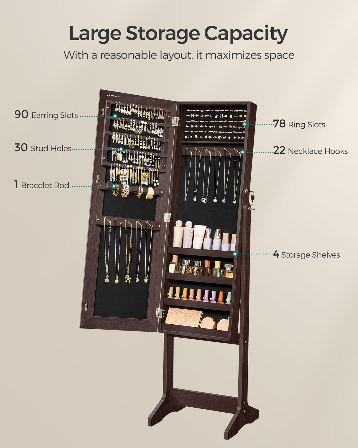SONGMICS Mirror Jewelry Cabinet Armoire, Standing Full-Length Mirror, Lockable Jewelry Organizer, Gift Idea, Brown Surface and Black Lining UJJC69BR SONGMICS