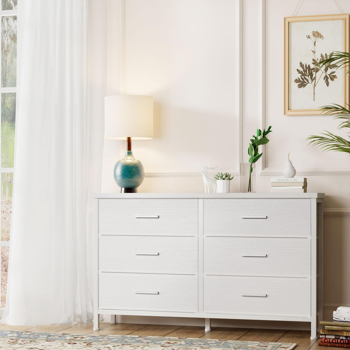 BOLUO Wide White Dresser for Bedroom 6 Drawer,Dresser TV Stand for 60" TV Dressers & Chests of Drawers BOLUO