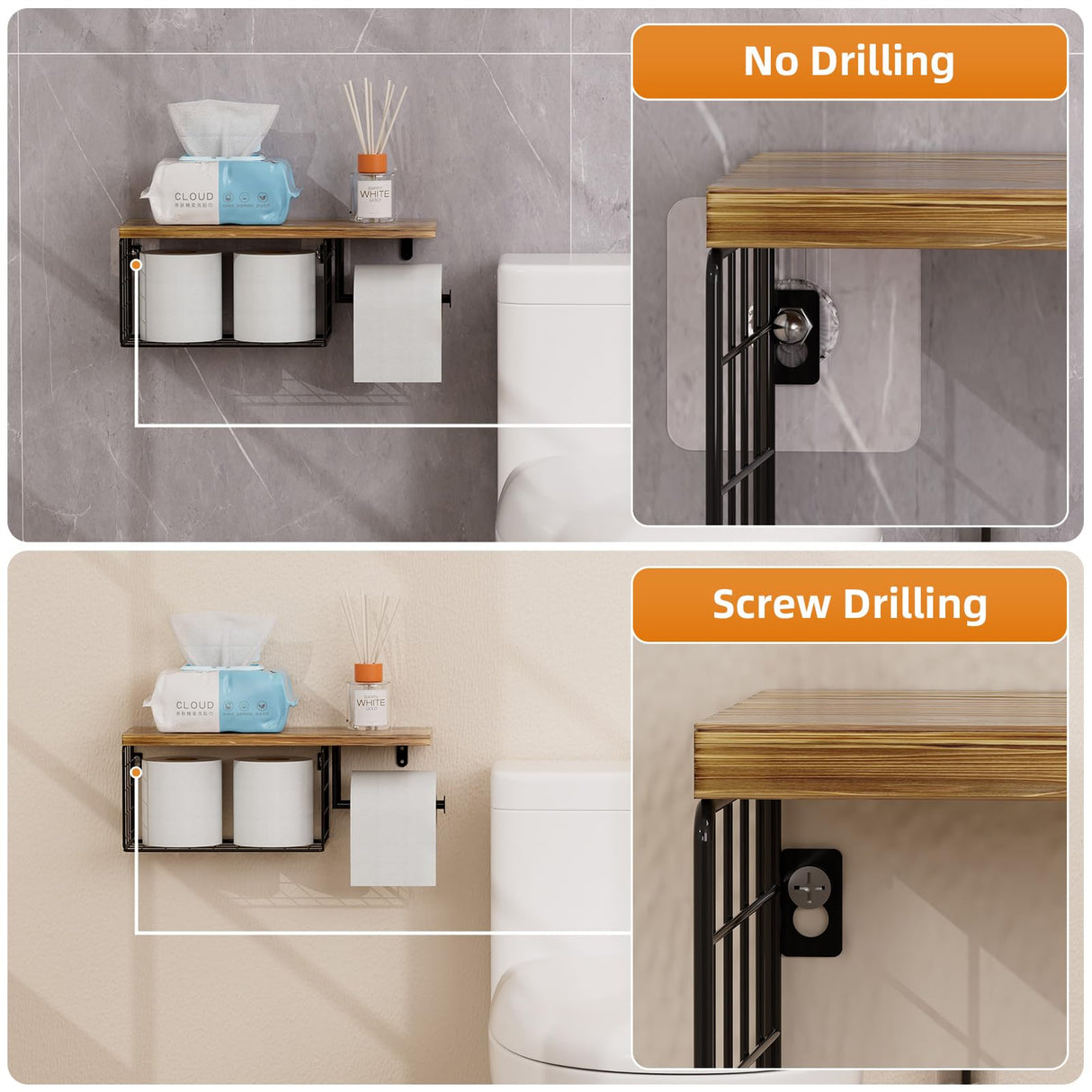 VITVITI Toilet Paper Holder with Shelf, Wall Mounted Toilet Paper Storage Basket, Wood Metal Toilet Roll and Wipes Holder for Bathroom Farmhouse (Brown) VITVITI