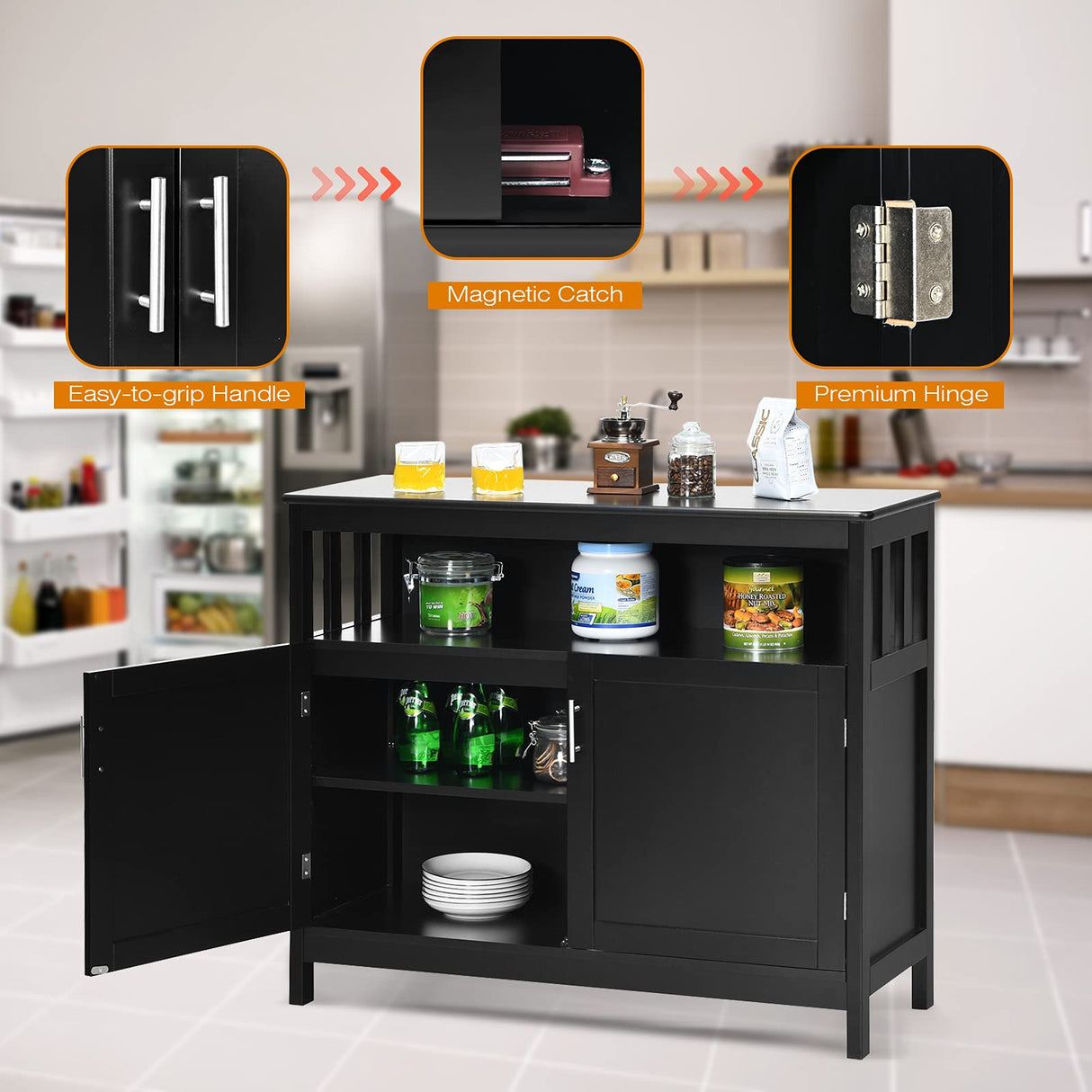 Giantex Kitchen Buffet Sideboard, Wooden Storage Server Cupboard Cabinet, Dining Room Living Room Bar Furniture 2-Door Console Table w/ 5-Position Adjustable Shelf & Open Shelf Drawer Cabinets (Black) Giantex