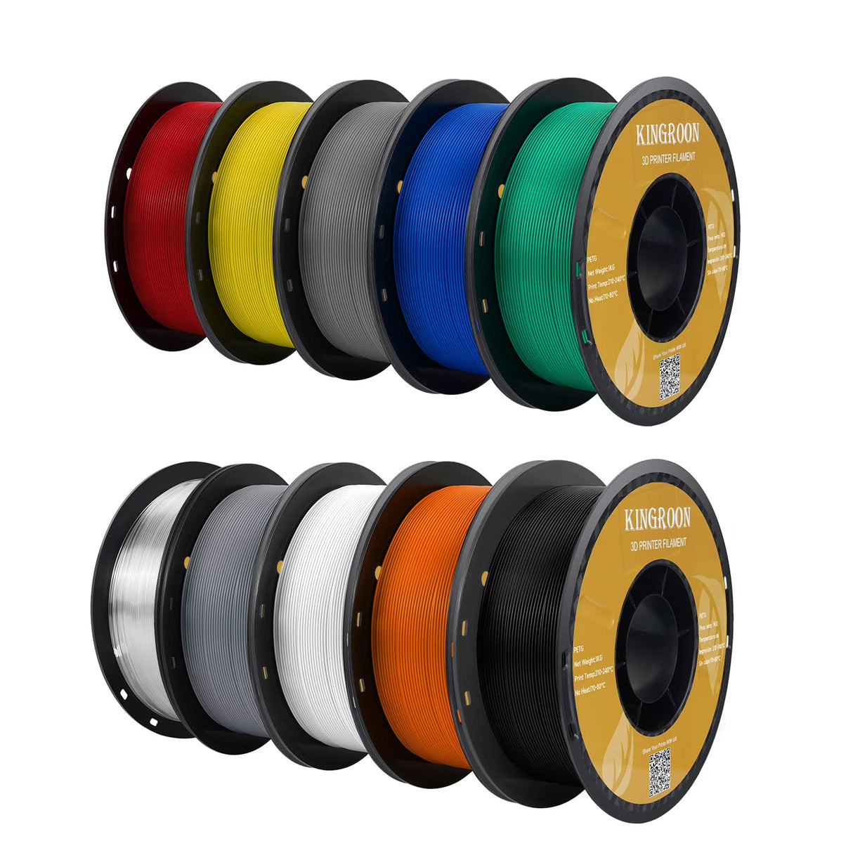 Kingroon PETG 3D Printer Filament, 10 Rolls, Dimensional Accuracy +/- 0.03 mm, 1kg Spool(2.2lbs), 1.75 mm,10KG Ten Colors Black White Grey Red Blue Green Yellow Orange Transparent Silver Kingroon
