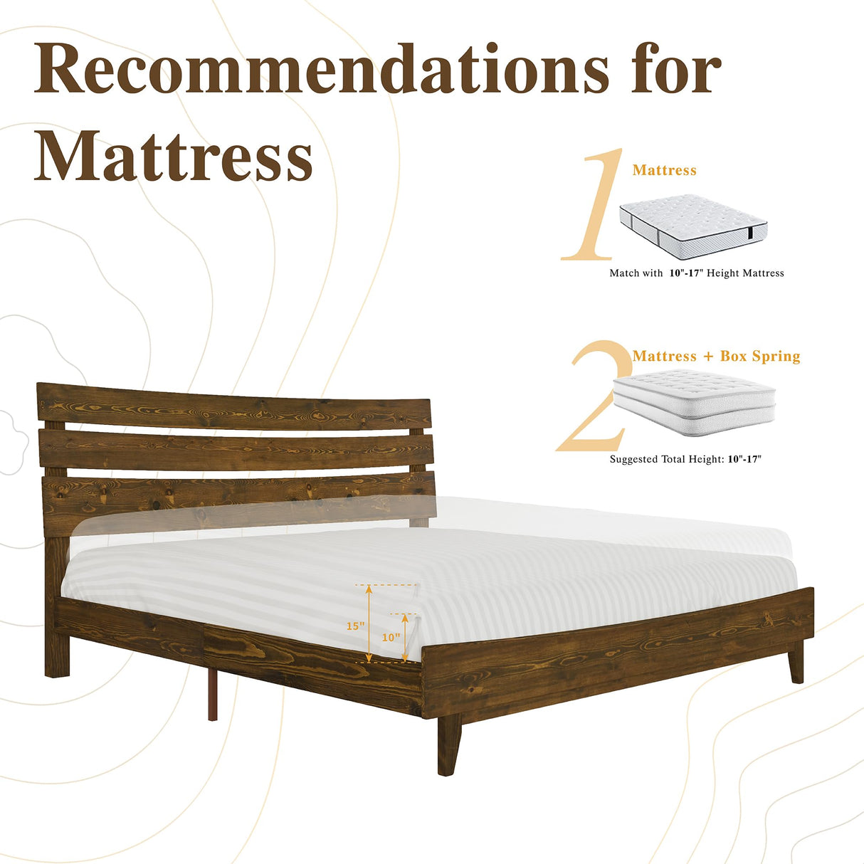 VanAcc King Size Solid Wood Mid-Century Platform Bed with Slatted Headboard in Caramel VanAcc