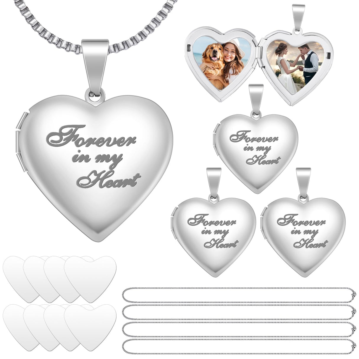 Aurelema 16 Pcs Forever in My Heart Locket Necklace Set Sublimation Pendant Trays Set That Hold Pictures Silver Locket Necklace 4 Bezel Tray 4 Chain 8 Sublimation Discs for Women Mom Gift Aurelema