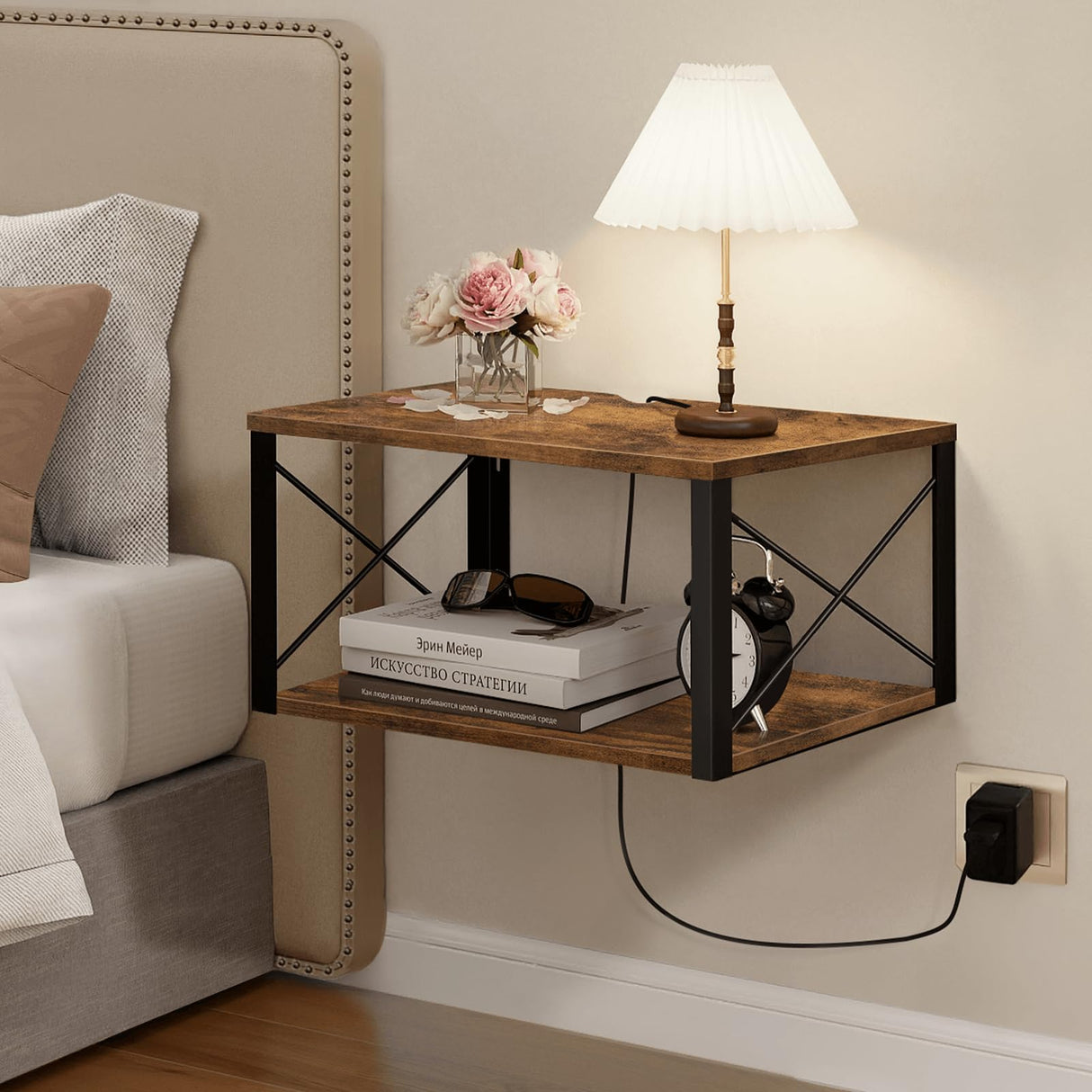 Homode Floating Nightstand, Wood Floating Bedside Table with Cable Hole, 2 Tier Wall Mounted Nightstand, Hanging Night Stand Wall Shelves for Bedroom Living Room Bathroom Kitchen, Rustic Brown Homode