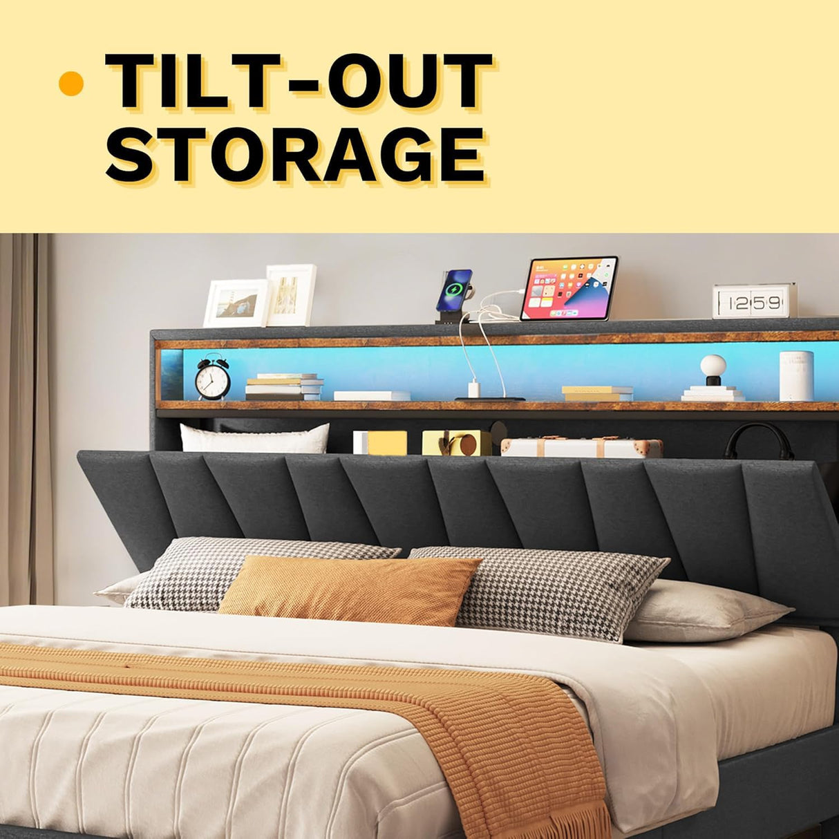 DWVO King Size Bed Frame with Storage Headboard, Upholstered Bed Frame with LED Lights, Platform Bed with Charging Station, No Box Spring Needed, Easy Assembly, Grey DWVO