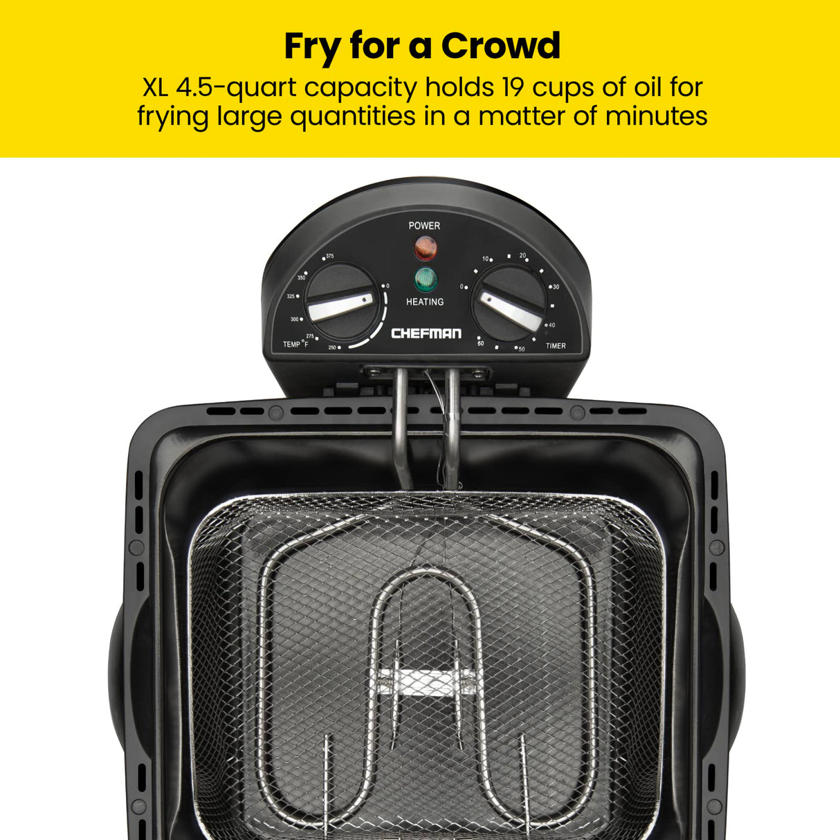 Chefman 4.5 Liter Deep Fryer w/Basket Strainer, XL Jumbo Size, Adjustable Temperature & Timer, Perfect for Fried Chicken, Shrimp, French Fries, Chips & More, Removable Oil-Container, Stainless Steel Chefman