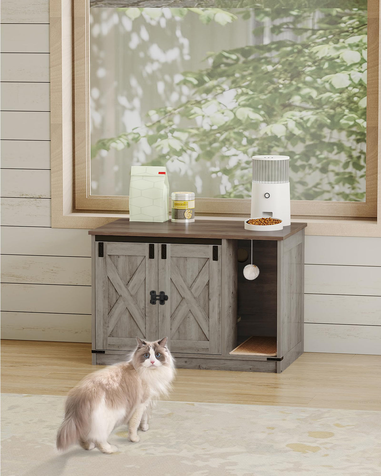 Hzuaneri Cat Litter Box Enclosure, Hidden Litter Box Cabinet Furniture with Cat Bell, Indoor Cat House, Farmhouse Style, 31.5 x 19.7 x 20.9Inches, for Hallway, Bedroom, Light Ivory CB82405X Hzuaneri