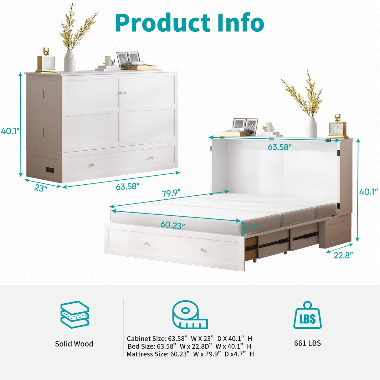 BALUS Murphy Cabinet Bed, Queen Murphy Bed with Tri-fold Mattress, Charging Stations, Wooden Cabinet Chest Beds with 2 Storage Drawers for Bedroom Guest Room - White BALUS