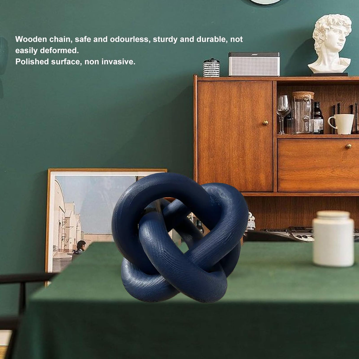 GUDAGUU Wood Knot Decor -Coffee Table Decor Shelf Decor Table Books Hand Carved Home Decoration Boho Country Rustic Modern Shabby Chic Style Decor 3 Link Wooden Knot Chain Link Decor (Navy Blue) GUDAGUU