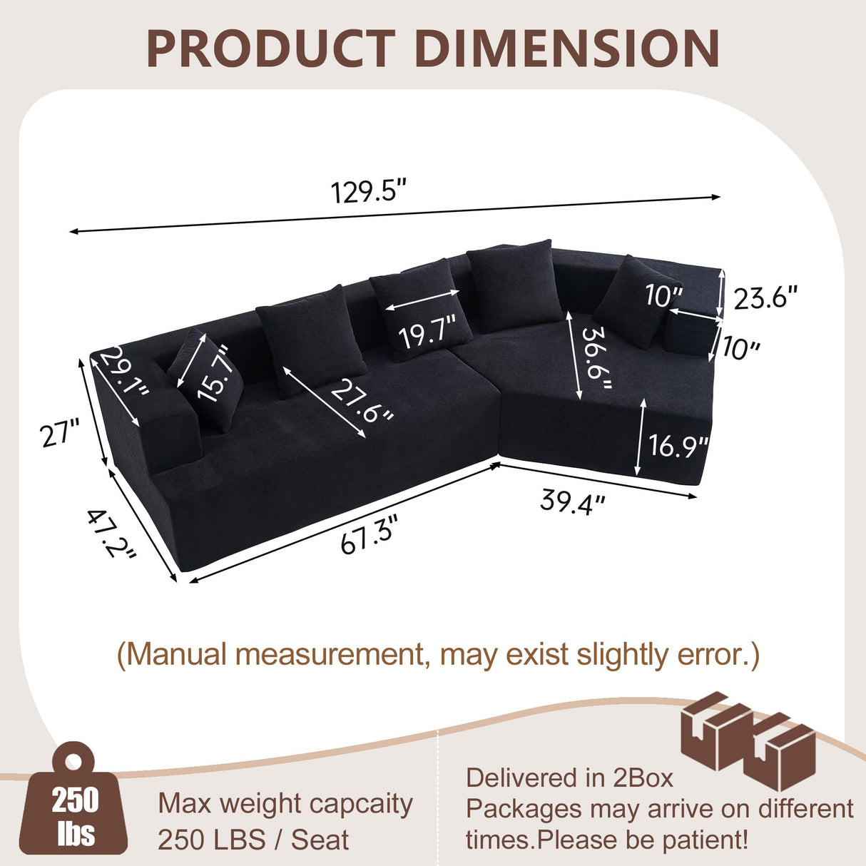 129.5" Modular Sectional Sofa, Cloud Memory Foam Couch, Modern Curved Couch Chenille Upholstered Deep Seat Sofa with 5 Pillows, No Assembly Required Oversized Corner Couches for Living Room (Black) IZLKQC
