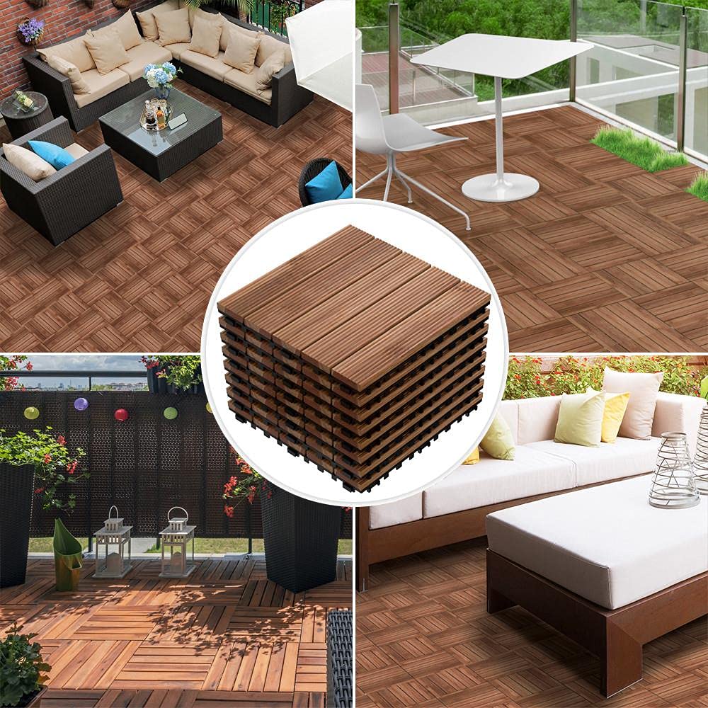 Topeakmart 27 Pack 12 x 12in Brown Patio Deck Tiles Interlocking Deck Tiles Interlocking Wooden Tiles Indoor&Outdoor Patio Garden Deck Tiles Poolside Topeakmart
