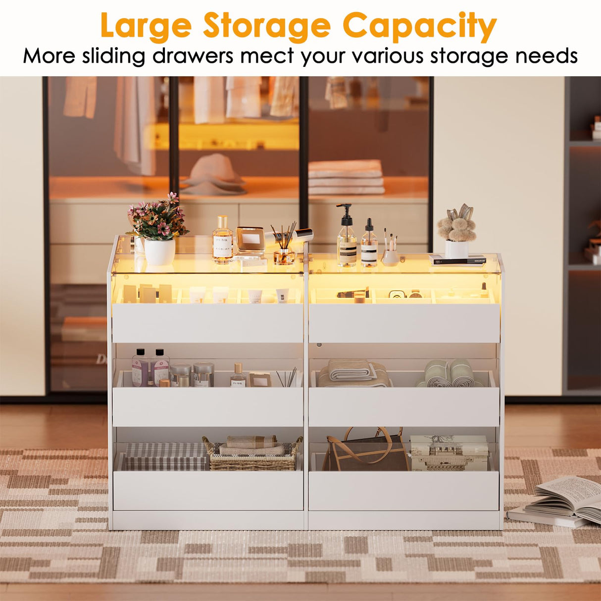 PAKASEPT Armoire Bedroom Island, Wardrobe Closet Island Dresser with Glass Showcase, Charging & 3 Color LED Light, Island Dresser with Bench, Walk in Wardrobe Furniture PAKASEPT