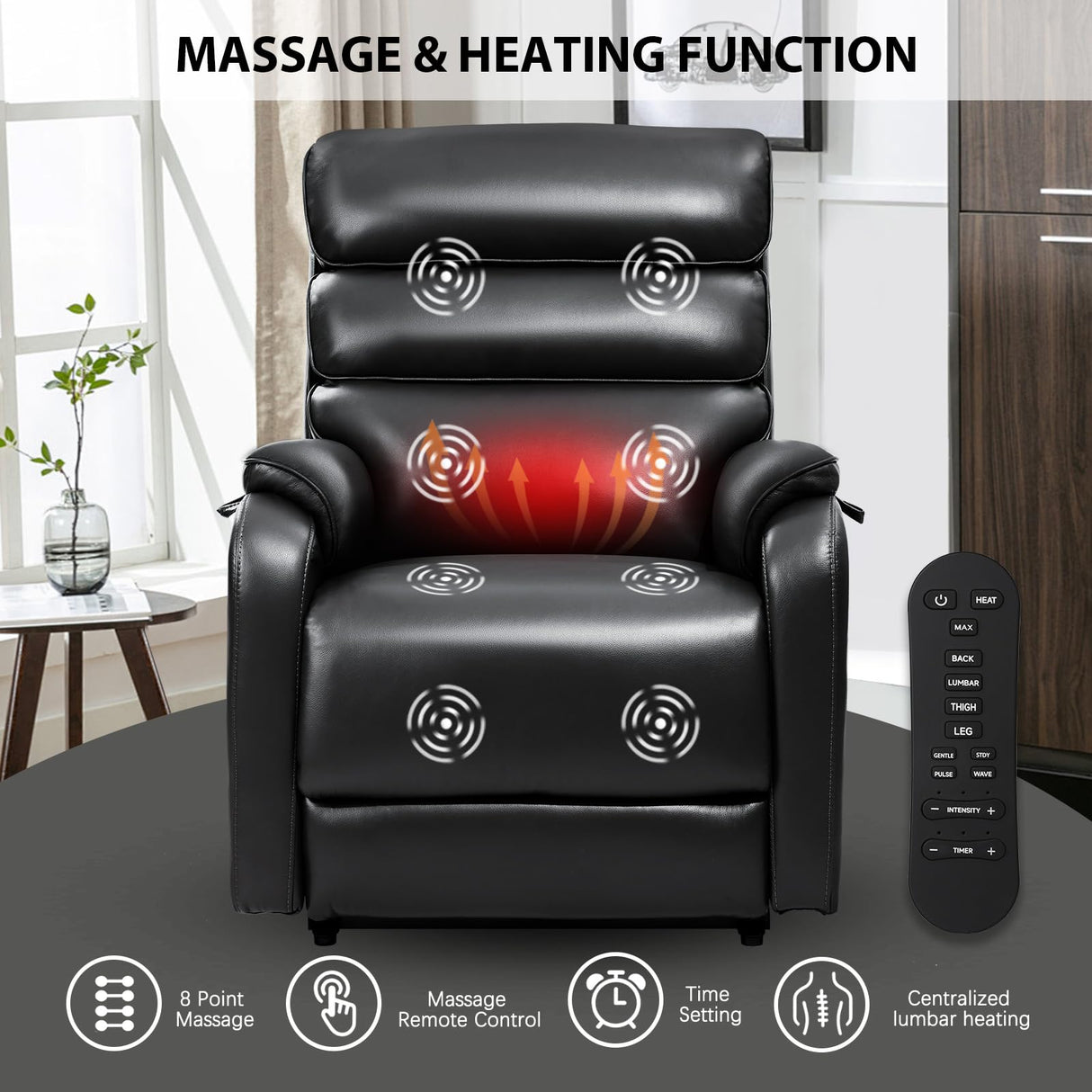 EONIX Dual Motor Lay Flat Power Lift Recliner Chair for Elderly, Faux Leather Electric Lift Chairs for Adults, 400lbs Heavy Duty Power Recliner with Heat Massage Charging Ports, SLRY003, Black EONIX