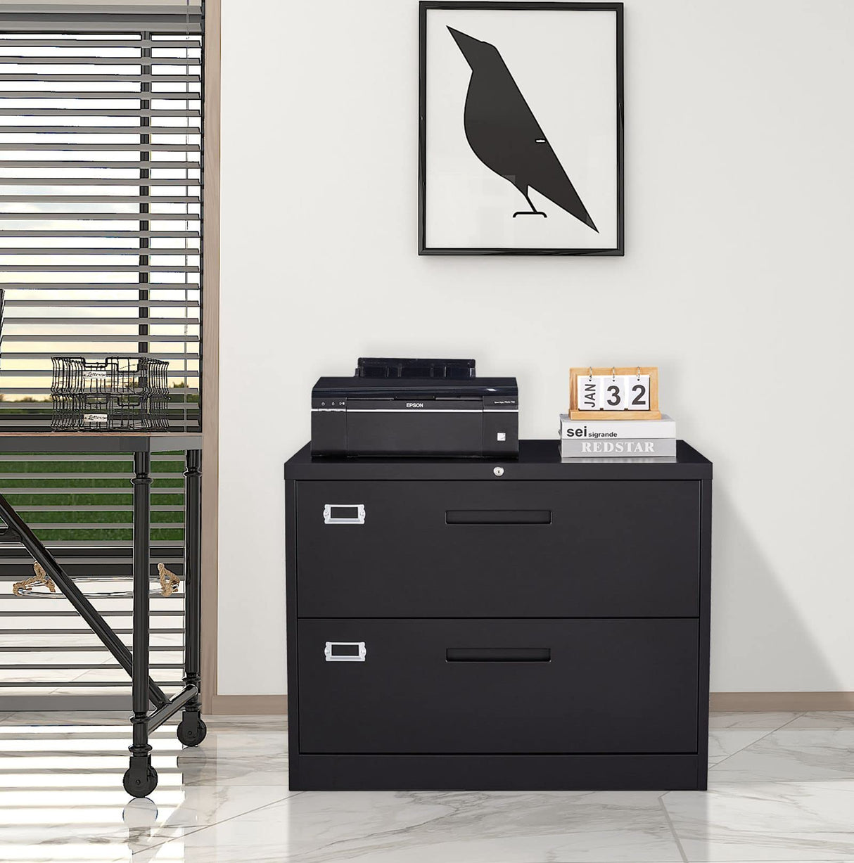 MIIIKO Lateral File Cabinet 2 Drawer, Black Metal File Cabinet with Lock, 35.4" Wide Drawers Storage File Cabinet for Hanging Files Folders Letter/Legal/A4 Size MIIIKO