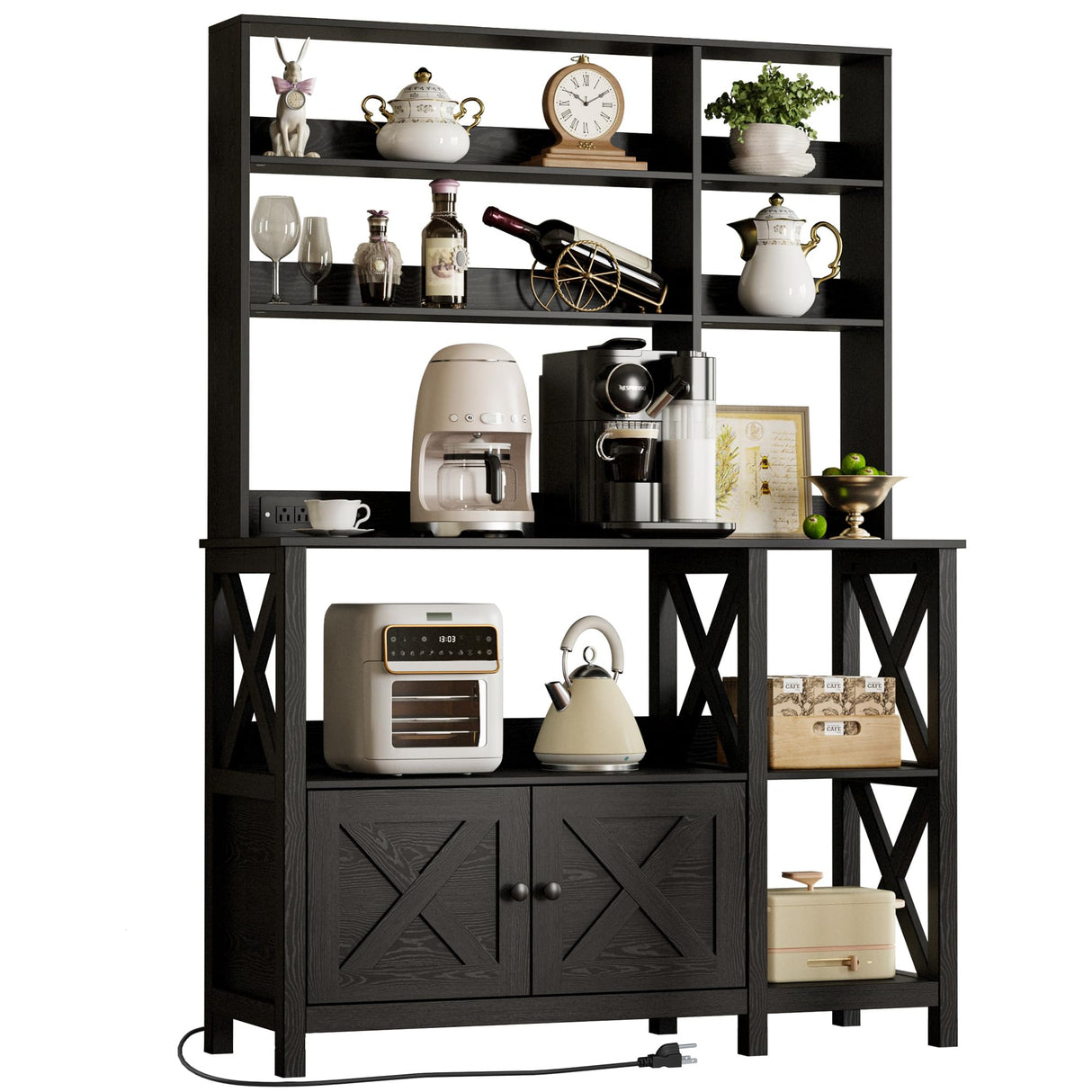 IRONCK Bakers Rack with Power Outlet, 45in Wide Coffee Bar Cabinet with Storage, 6-Tier Kitchen Storage with Doors, Microwave Stand for Kitchen, Dining Room IRONCK