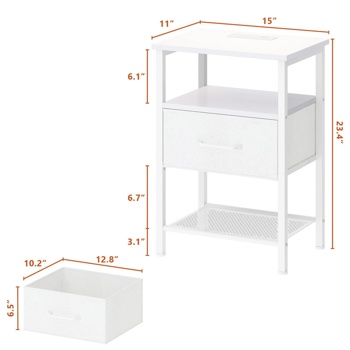 TRIFEBLE Night Stand Set 2, End Table with Charging Station, LED Bedside Table with Fabric Drawer for Bedroom, 3-Tier Side Table with Open Shelf, White TRIFEBLE