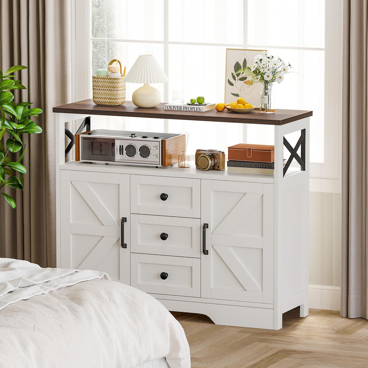 YGEOMER Buffet Cabinet Sideboard Farmhouse Coffee Bar with 3 Drawers and 2 Doors, Wood Kitchen Table Wine Bar Storage Cabinet for Dining Room YGEOMER