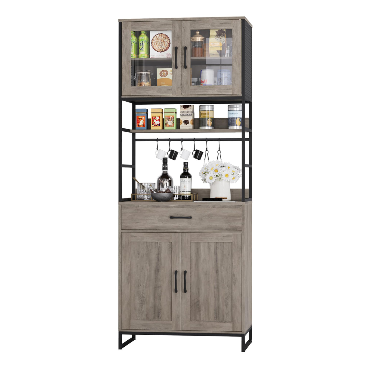BOTLOG Hutch Cabinet with Storage, 71" H Kitchen Pantry Storage Cabinet with Microwave Stand, Hooks, Drawers for Home Bar, Kitchen, Dining Room, Industrial BOTLOG