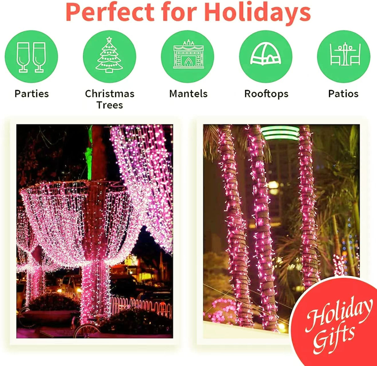 LAMPHOME Super-Bright Extendable Pink Christmas Lights Decoration 100Lights 19.6ft UL Certified Mini Bulb String Lights Set for Outdoor Christmas Tree Garden Holiday Party Patio Wedding Garland Decor LAMPHOME