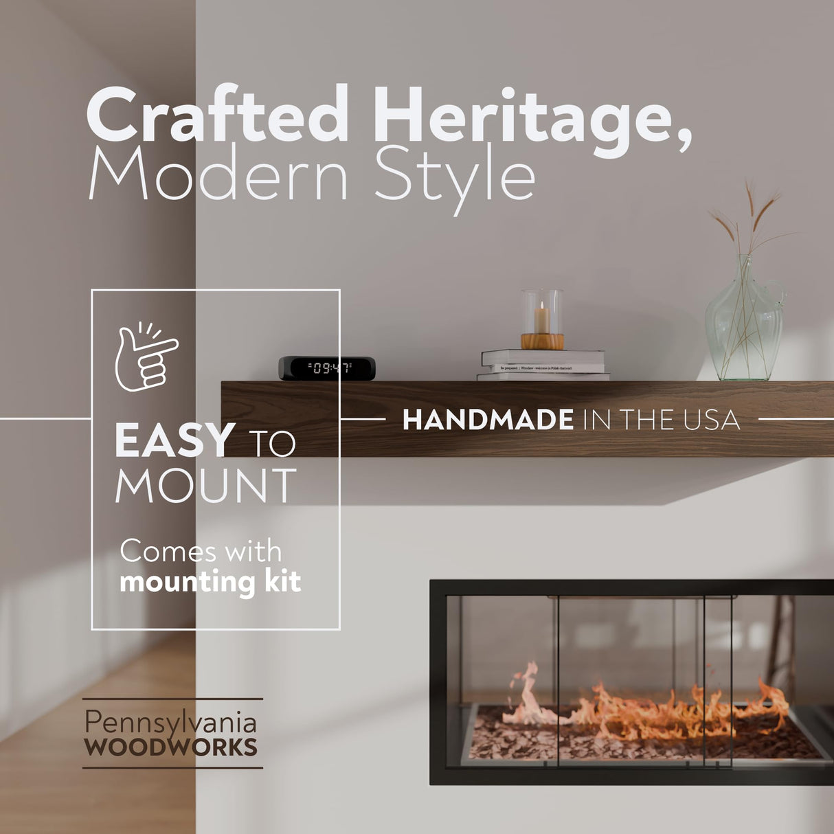 Pennsylvania Woodworks Fireplace Mantel, Handmade in The USA, OAK WOOD Wall-Hanging Mantel Shelf, Farmhouse Wall Shelf Design, Easy to Mount and Heavy Duty, 60 in, Large, Pristine White Pennsylvania Woodworks