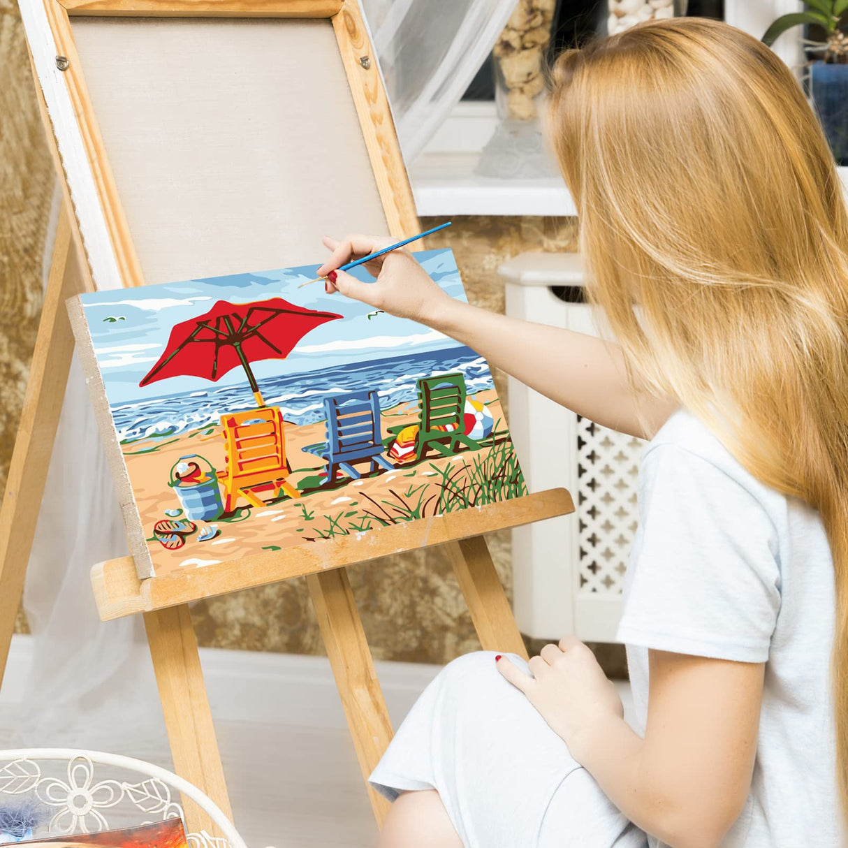 Ginkko Paint by Numbers Art Craft Kit for Adults, Beach Themed, Framed Canvas 9x12 inch, Non-Toxic Acrylic Paints, Professional Brushes, Unique Gift Ginkko