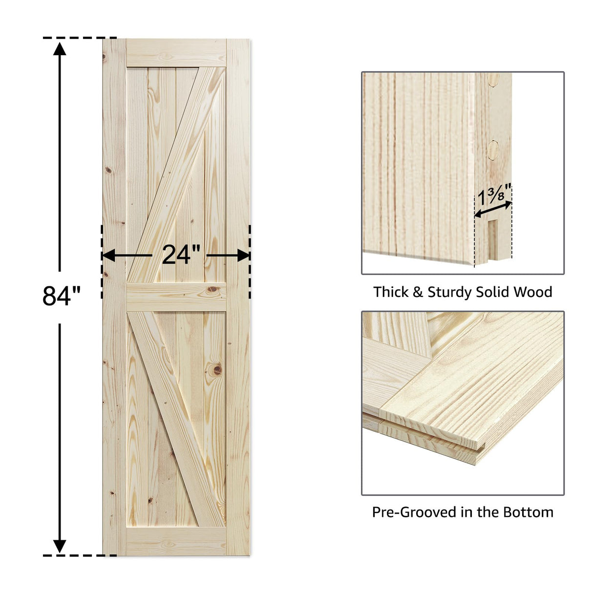 SmartStandard 24in x 84in Sliding Barn Wood Door Pre-Drilled Ready to Assemble, DIY Unfinished Solid Spruce Wood Panelled Slab, Interior Single Door Only, Natural, K-Frame (Fit 4FT Rail) SMARTSTANDARD