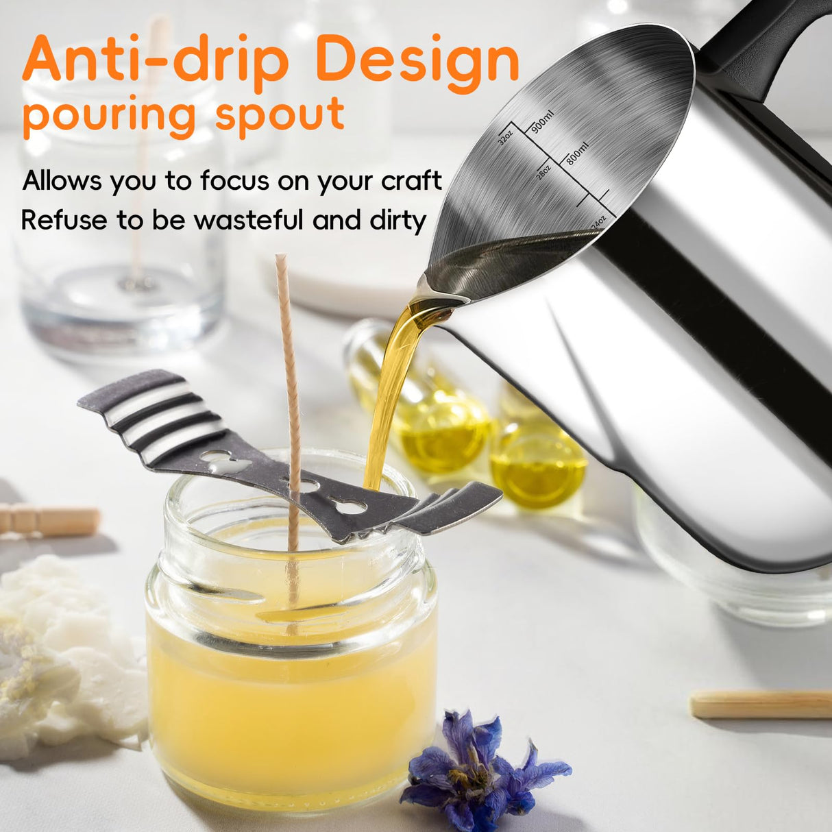 CasaCulina Candle Making Pouring Pot, 32oz Stainless Steel Wax Melting Pot with Heat-Resistant Handle, Double Boiler Candle Making Pitcher with Dripless Pouring Spout Design CasaCulina