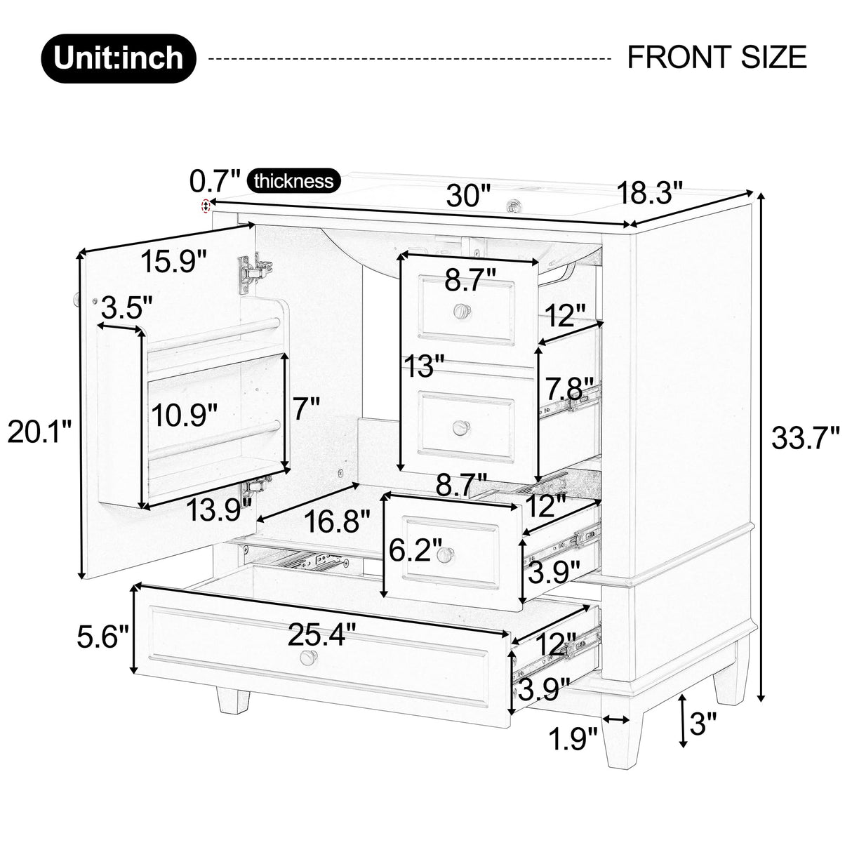 Harper & Bright Designs 30" Bathroom Vanity with Sink, Free Standing Single Basin Vanity Set with One Door and Three Drawers, Solid Wood Bathroom Cabinet with Ceramic Basin for Bathroom, White Harper & Bright Designs