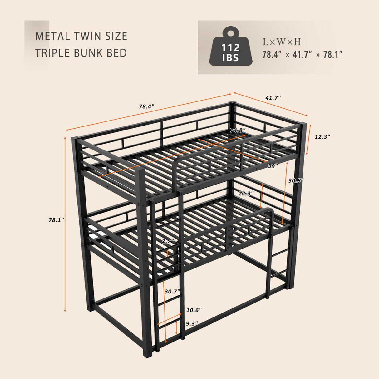 AnoYishev Triple Bunk Bed for Kids,Twin Over Twin Over Twin Metal Bunkbeds with Ladder for Kids Teens Bedroom, No Box Spring Needed, Easy Assembly (Black) AnoYishev