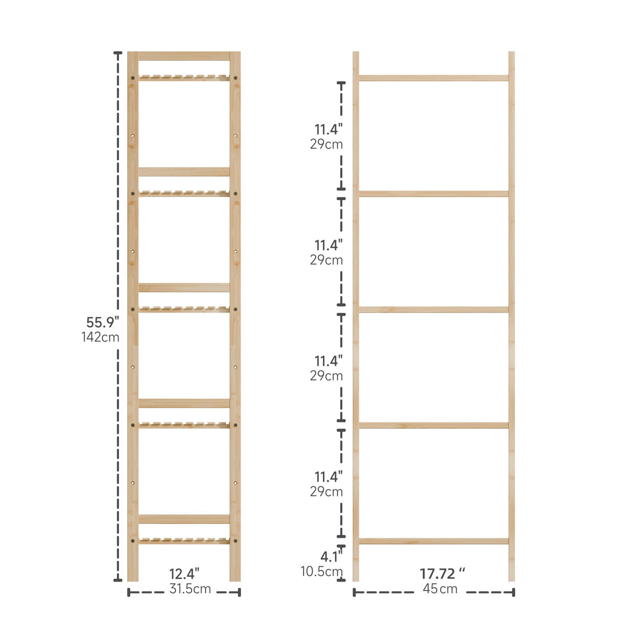 HITNET Tall Narrow Bookshelf, 5 Tier Bathroom Shelf Bamboo, Floor Standing Display Storage Organizer for Small Space, Adjustable Shelves, Natural Wood Bookcase HITNET