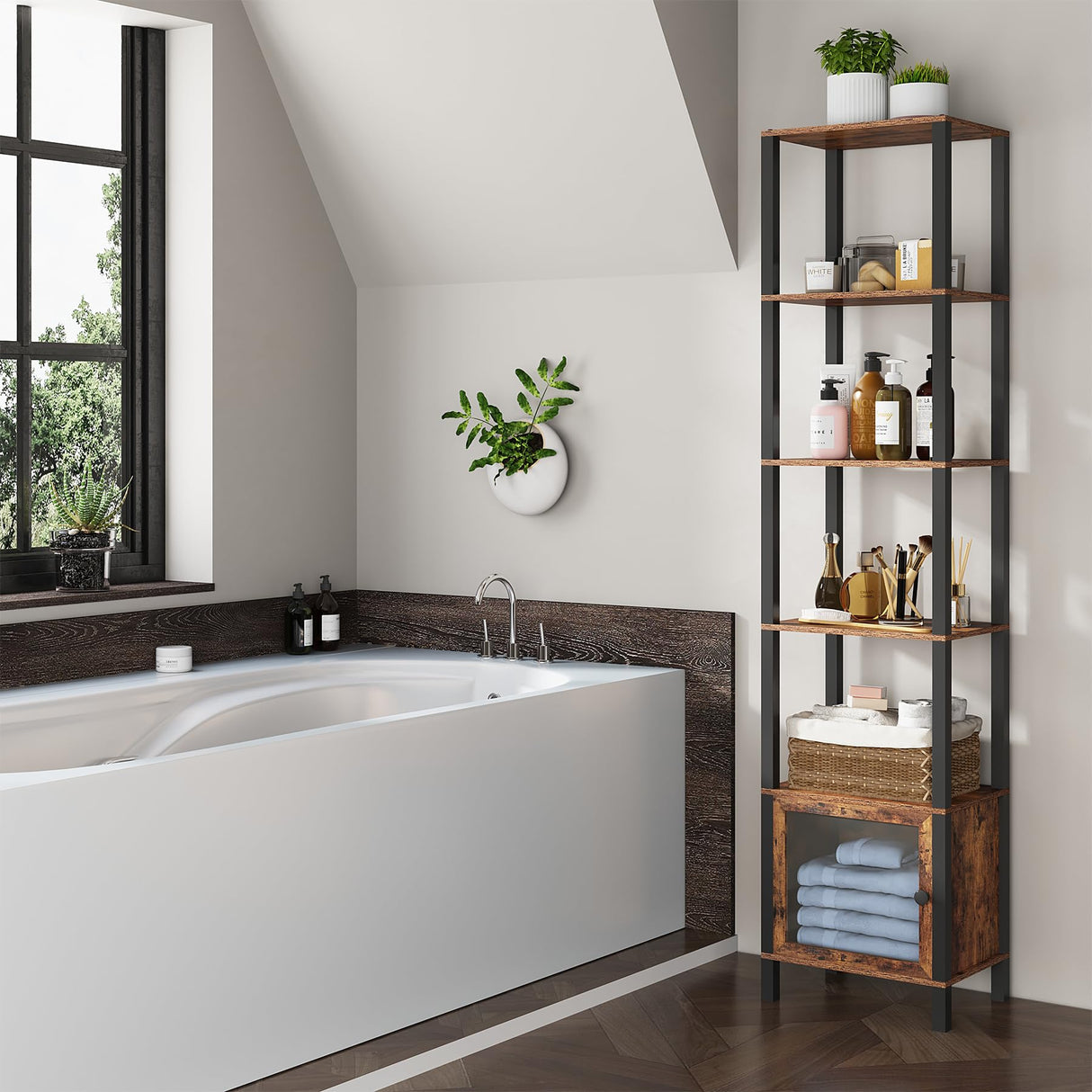 TUTOTAK 6 Tier Brown Bookcase with Door – Versatile Narrow Shelf for Small Spaces TUTOTAK