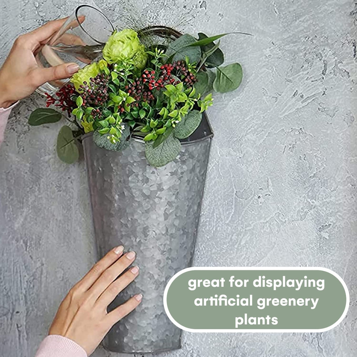 Hallops Galvanized Wall Planters - Two (2) Large Premium. Farmhouse Metal Hanging Vase. Rustic Decor. Tall Container for Easter Flowers or Planets. Tin Style Bucket or Pocket Hallops