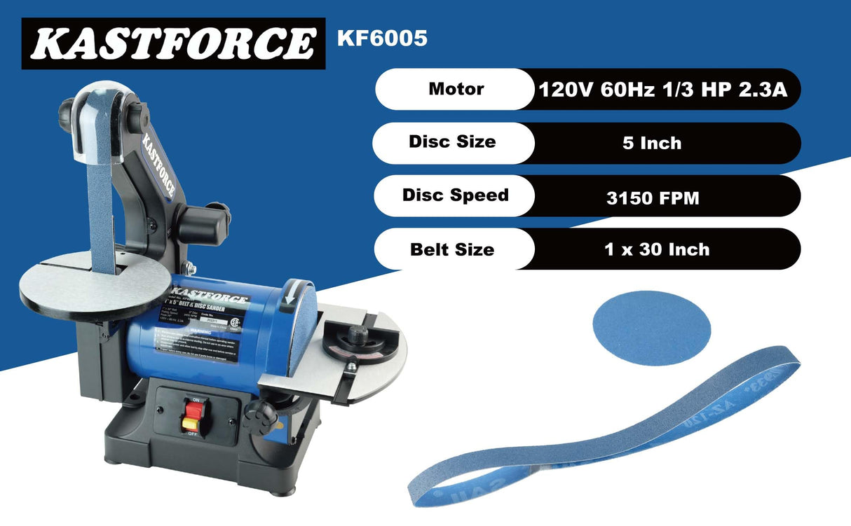 KASTFORCE Professional Belt Disc Sander, 1 inch x 30 inch Belt Sander and 5 inch Disc Sander, Belt Sander for Woodworking with 1/3 HP Low Noise Induction Brushless Motor, Zirconia Abrasive, KF6005 KASTFORCE