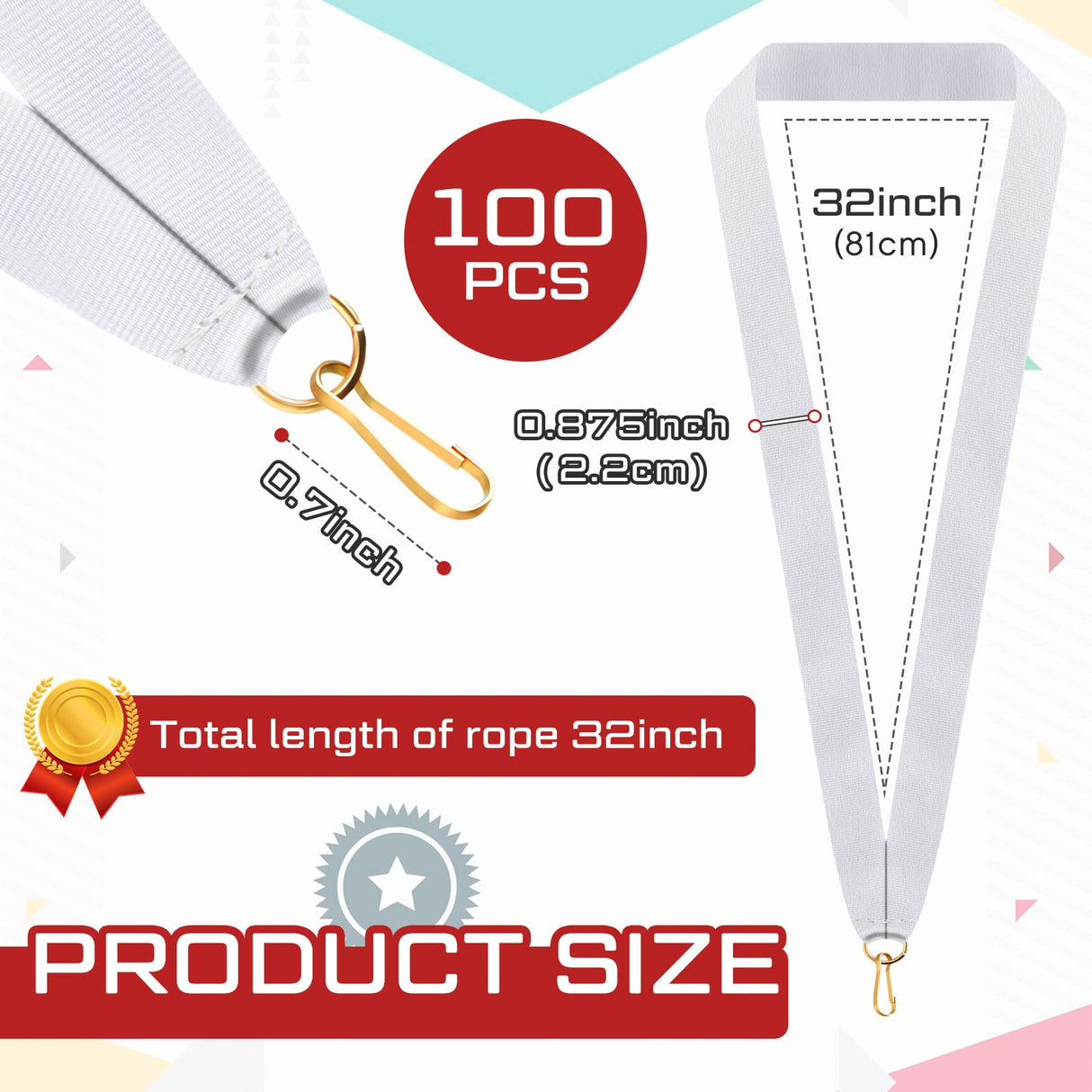 Berlune 100 Pcs Neck Ribbon with Snap Clips Solid Award Ribbon Lanyards Blank Medal Ribbons Flat Award Holder for Kids Adults Student Competitions Sports Party Achievement (White) Berlune