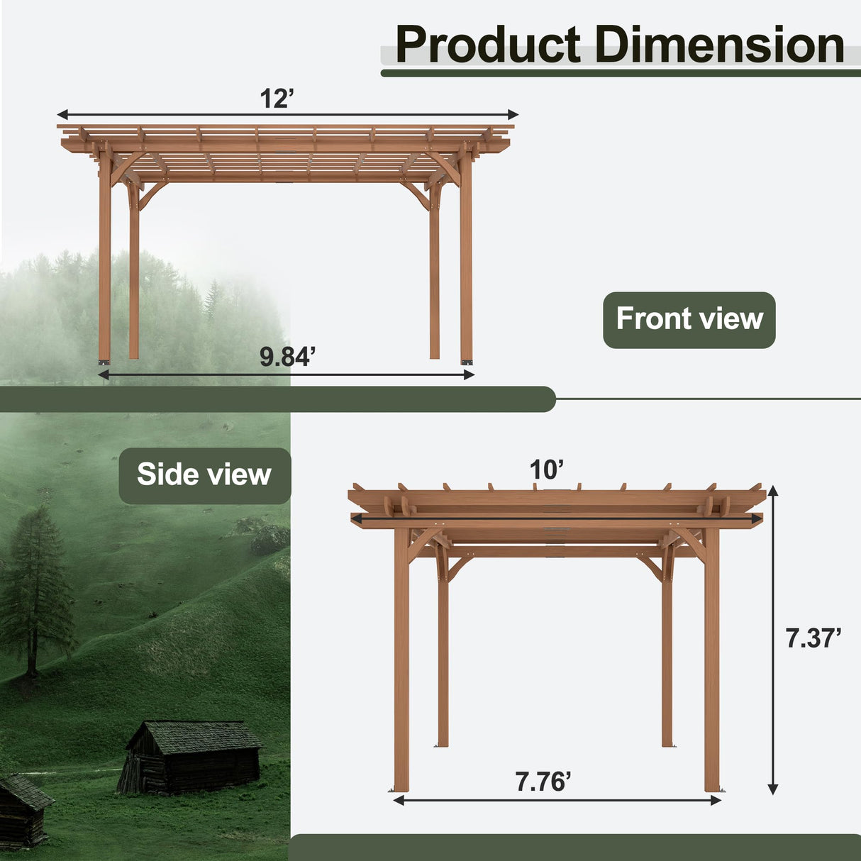 12' x 10' Outdoor Wood Pergola, Wooden Patio Pergola Gazebo Sunshade for Climbing Plant Support, Garden, Patio, Backyard, Deck, Brown Hohuqeri