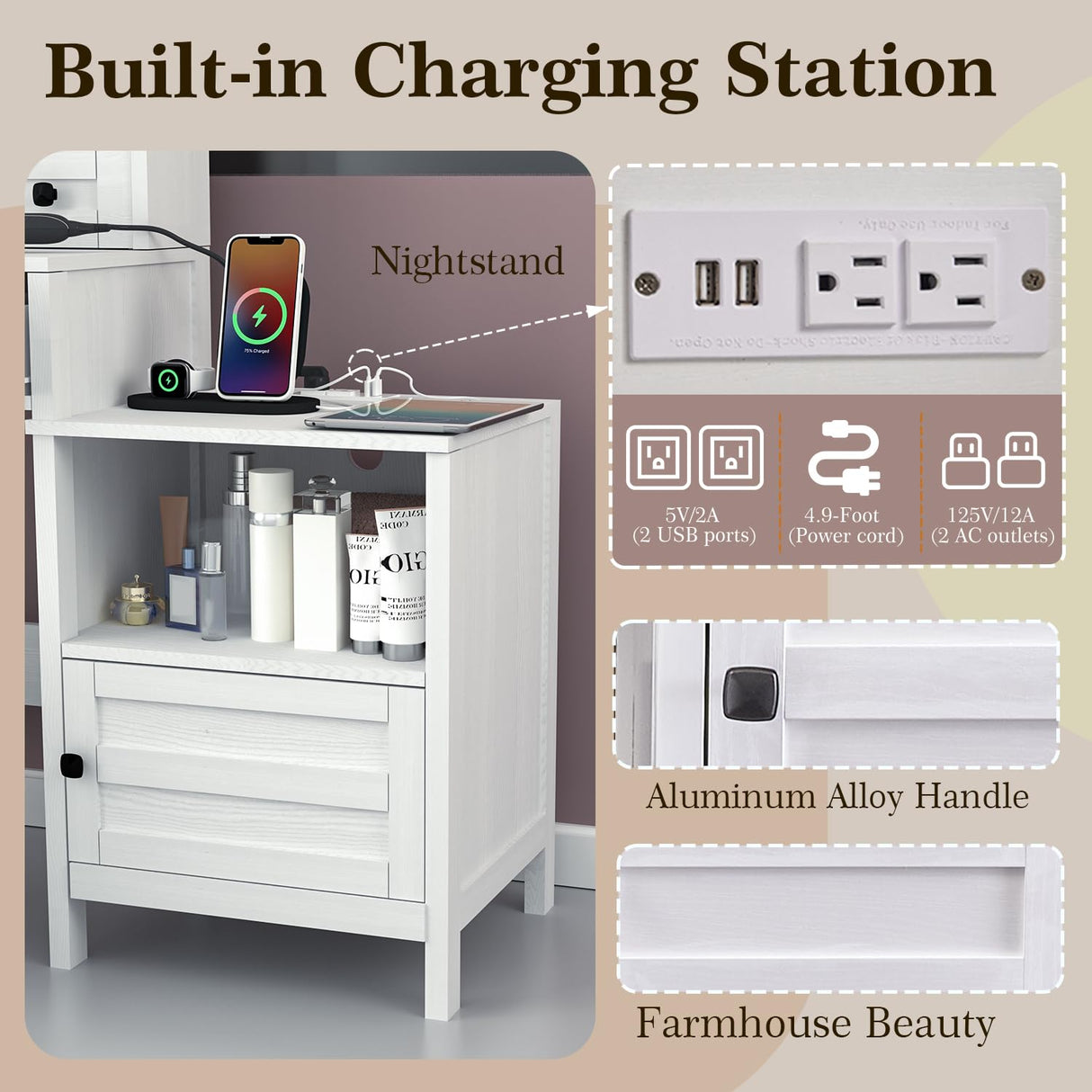 MECHYIN Vanity Desk with Sliding Mirror and Lights, 49'' Farmhouse Makeup Vanity with Nightstand & Power Outlet, Vanity Table with Drawers, Storage Shelves, Dressing Table Set with Stool for Bedroom MECHYIN