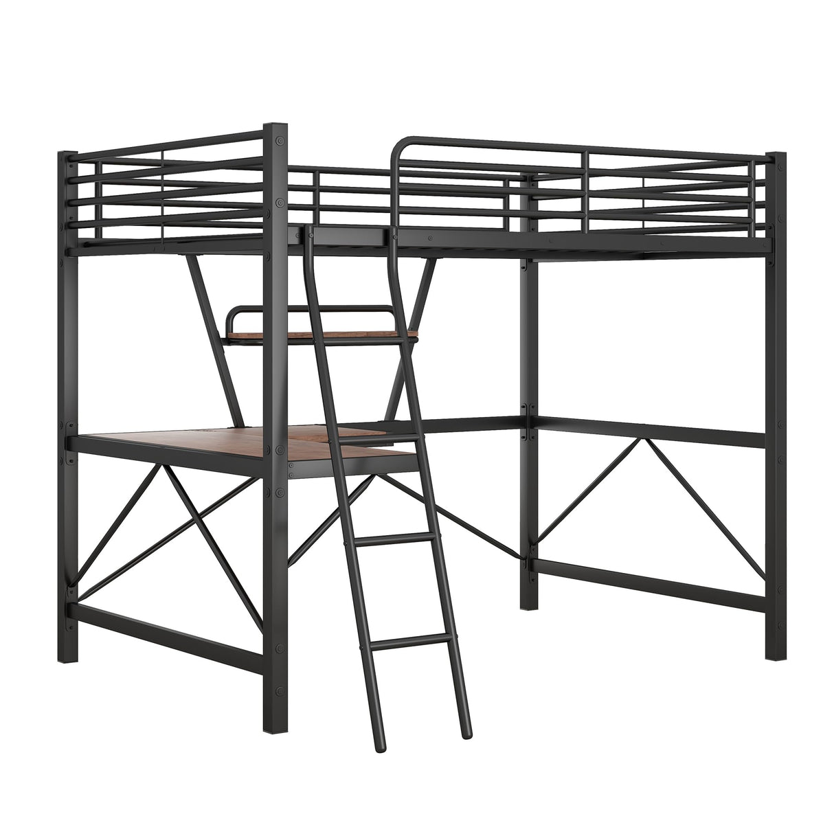 Full Size Loft Bed with Desk and Storage Shelf, Heavy Duty Loft Bed Full Size, Full Loft Bed with Guardrail, Full Loft Bed for Kids, Teens, Full Size Loft Bed Black Bellemave