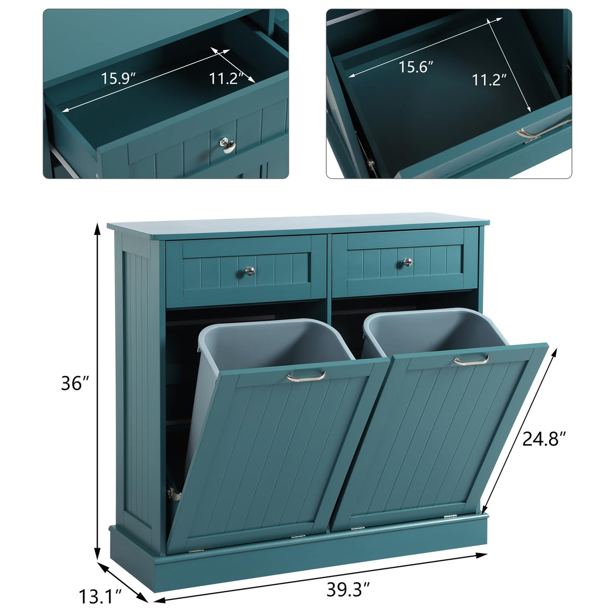 KIGOTY Double Tilt Out Trash Cabinet, Pet Proof Trash Can Cabinet with Countertop and Drawer, Trash Cabinet with Storage,Wooden Laundry Hamper for Kitchen, Teal Blue KIGOTY
