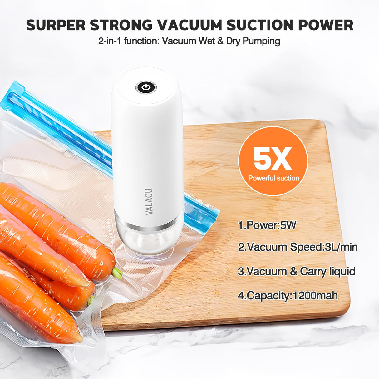Vacuum Sealer for Food, Food Saver Vacuum Sealer Machine,Bag Sealer Comes with 15 Reusable Food Bags, HandHeld Food Sealer Vacuum Sealer for Sealing Meats Vegetables Fruits and Food with Liquid VALACU
