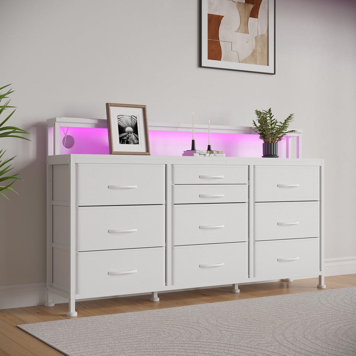 WODRAWER White Dresser for Bedroom with 10 Drawers, 55" W Long Dressers & Chests of Drawers with LED Lights & Power Outlets & Shelves, Fabric Dresser for Closet, Entryway WODRAWER