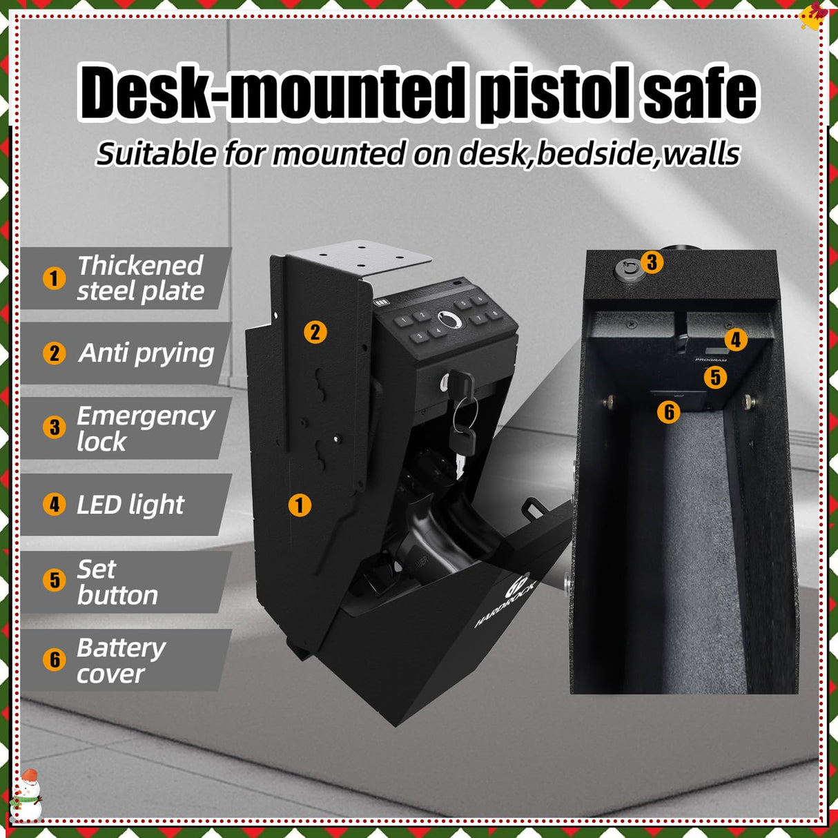 HARDROCK [ 2 Guns Capacity Gun Safe for Pistols, Biometric Wall Mounted Handgun Safe Box for Desk, Bedside,Truck,Drop Down Quick Access Security Safe with Fingerprint Keypad Lock for Home nightstand HARDROCK